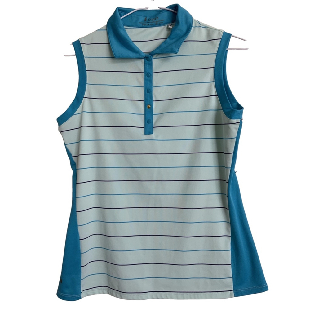 Lopez Delux Dri Sleeveless Polo Shirt Blue Striped Size Small